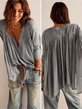 Free People Lyrical Tunic Top Gray Oversized Boho Swing Henley We The Free XS